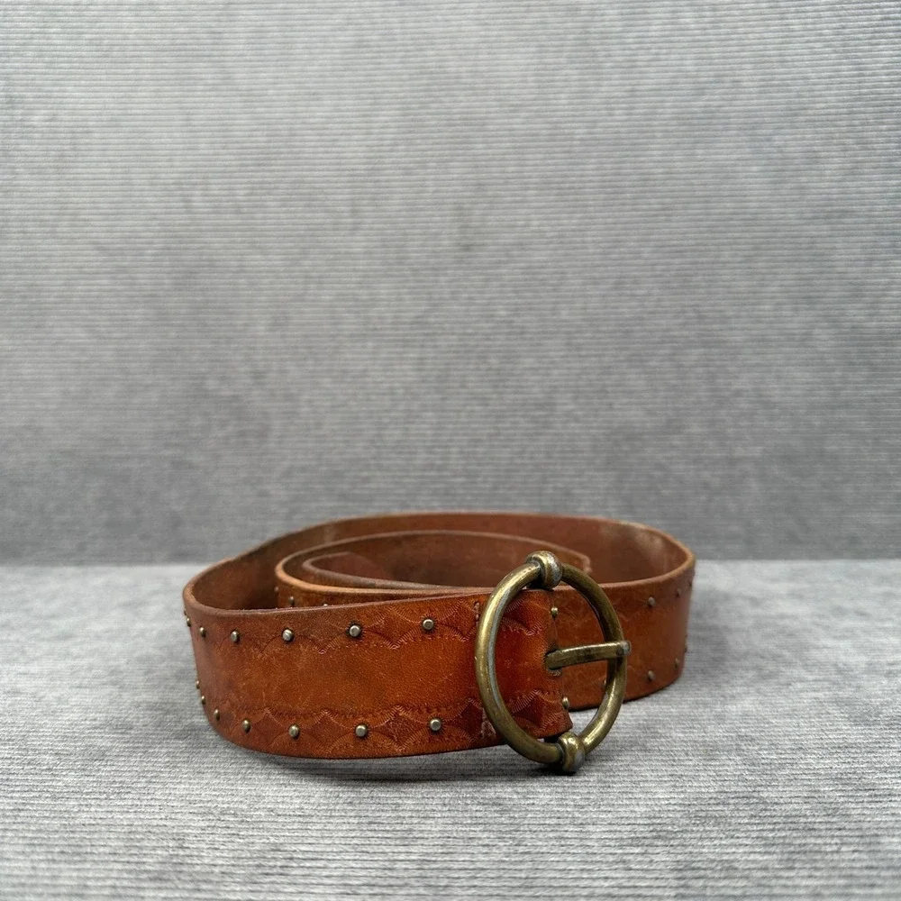 Vintage Brown Studded Leather Belt Brass O-Ring Buckle Western Boho 42 Inch